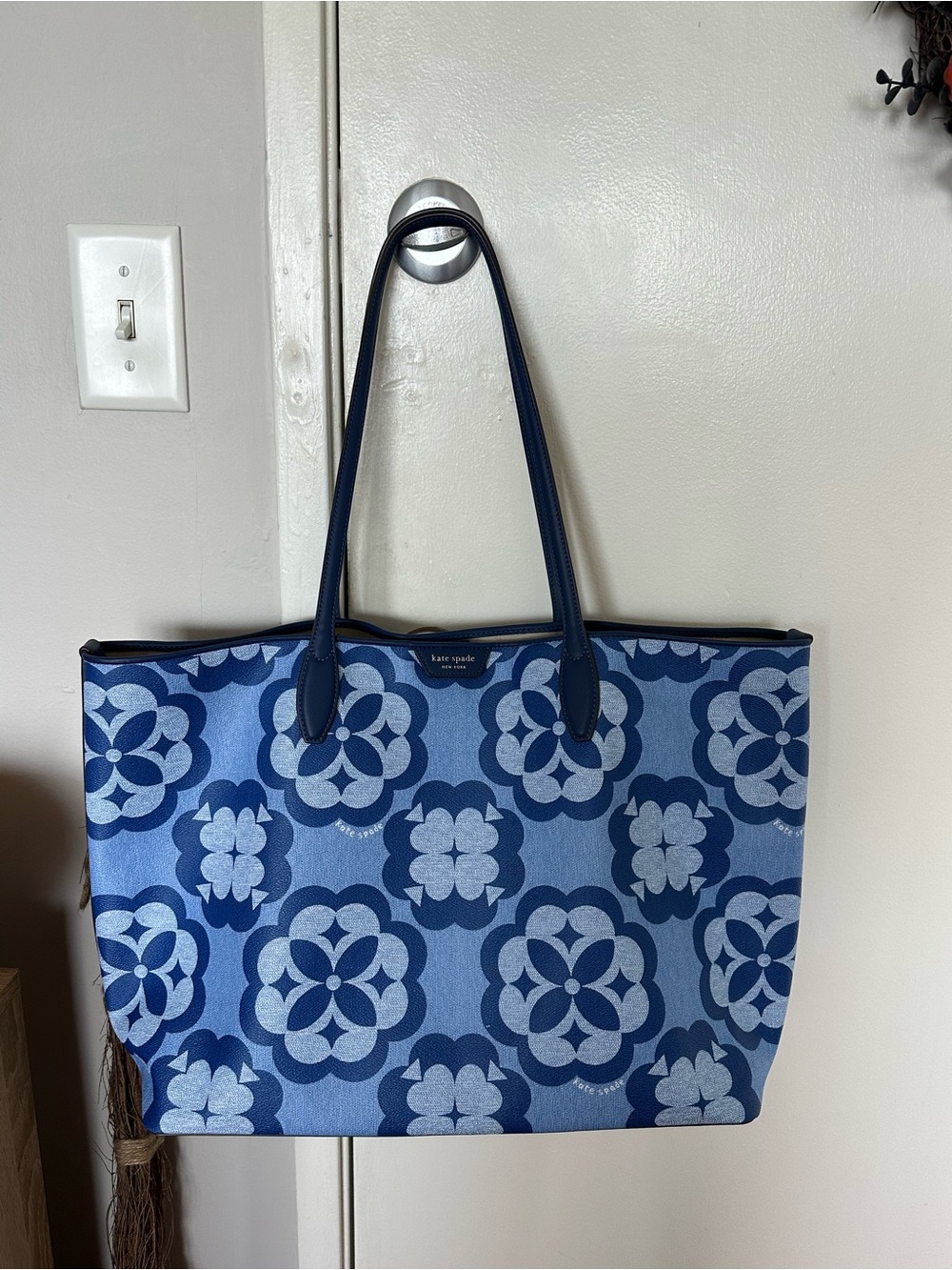 kate spade Blue Floral Jacquard Pattern Tote with Navy Handles